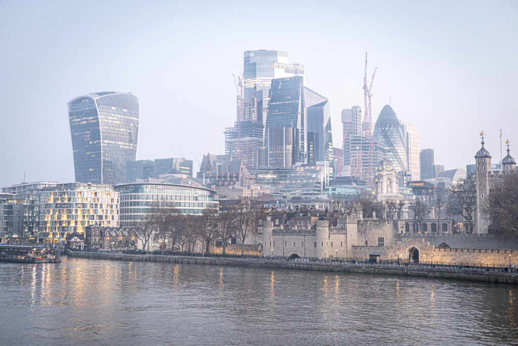 Skyline of the City of London featuring the Tower of London and Skyscrapers across the River Thames