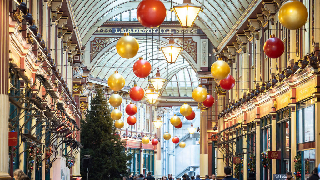 Christmas baubles hanging from the ceiling at Leadehall Market