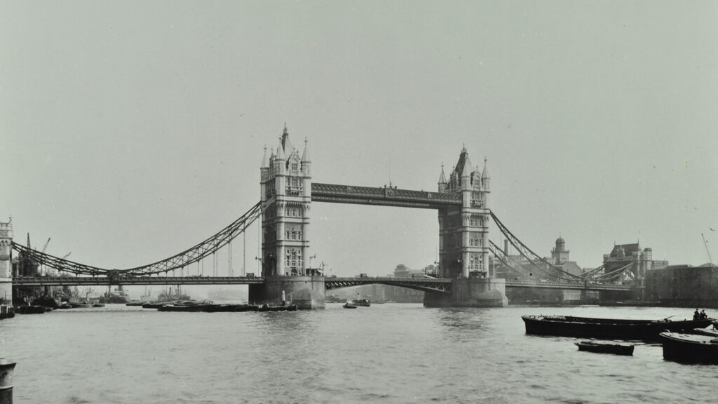 Black and white image of Tower Bridge and the river Thames
