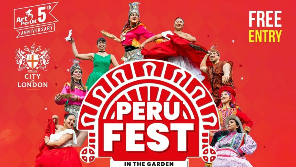 Promotional graphic with large wording "PERUFEST" and images of people in Peruvian outfits.