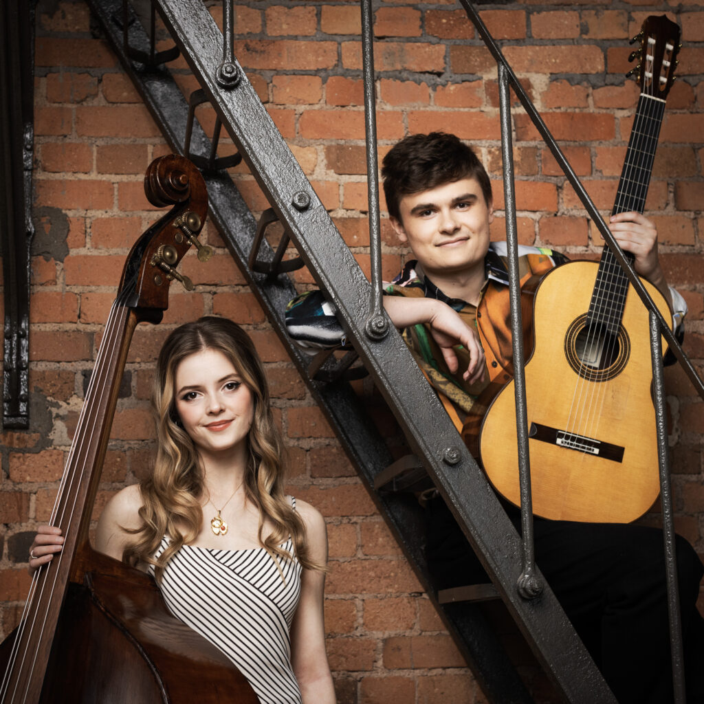 Two individuals, one perched on the rungs of a ladder with a guitar and another standing beneath the ladder cradling a cello.