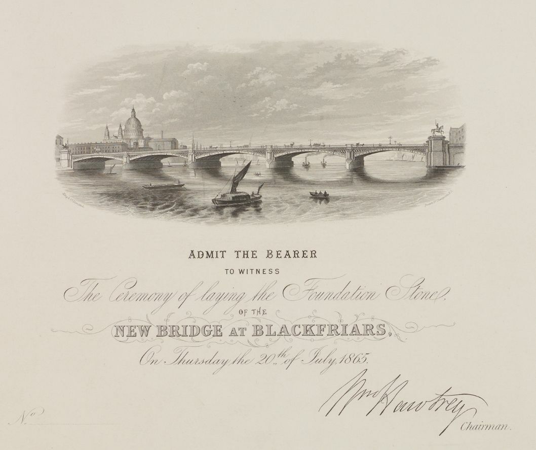 Old image of a bridge over the river Thames with inscription in italics and a signature