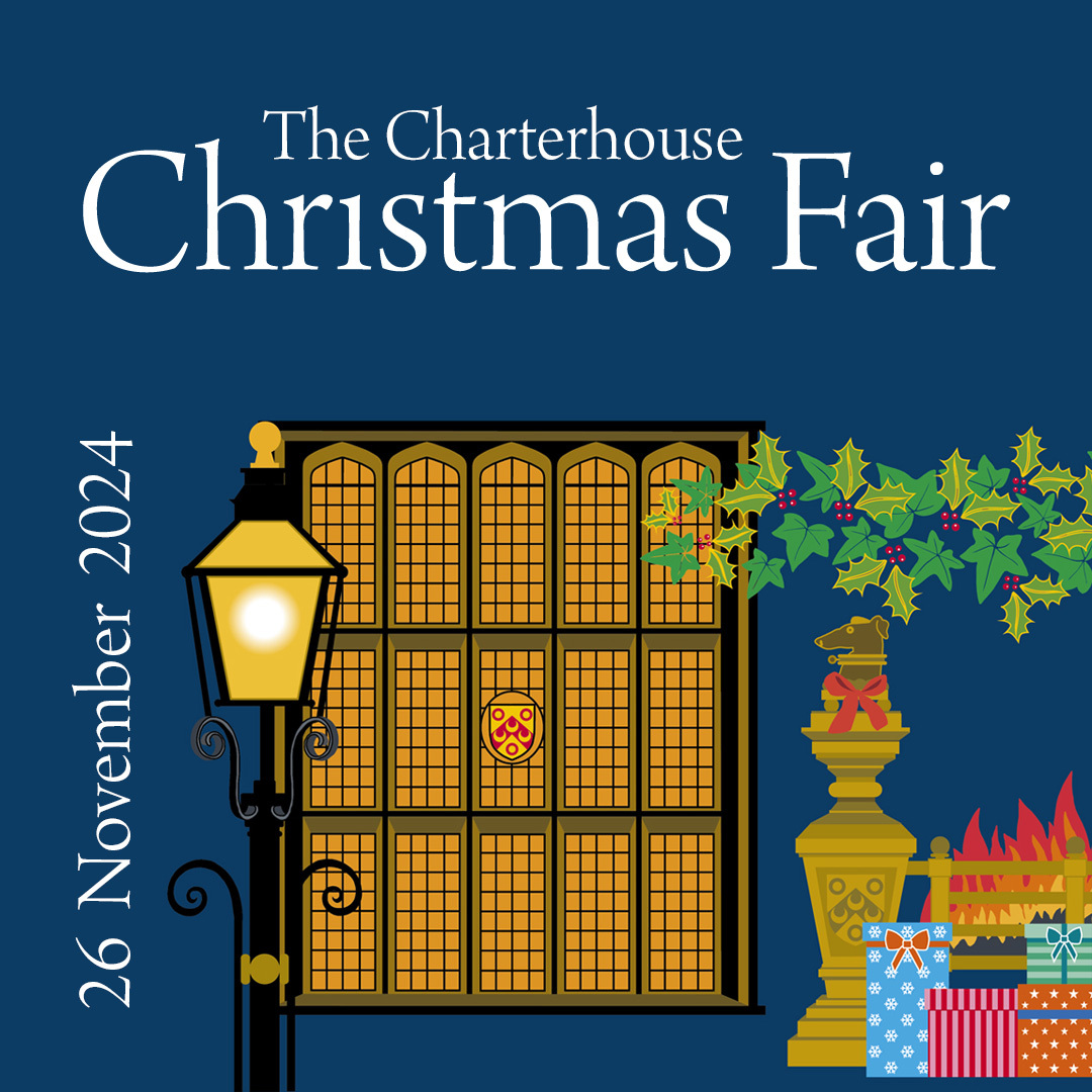 Promotional poster with a drawing of a Victorian window and lantern with Christmas decorations and text that reads: The Charterhouse Christmas Fair 26 November 2024