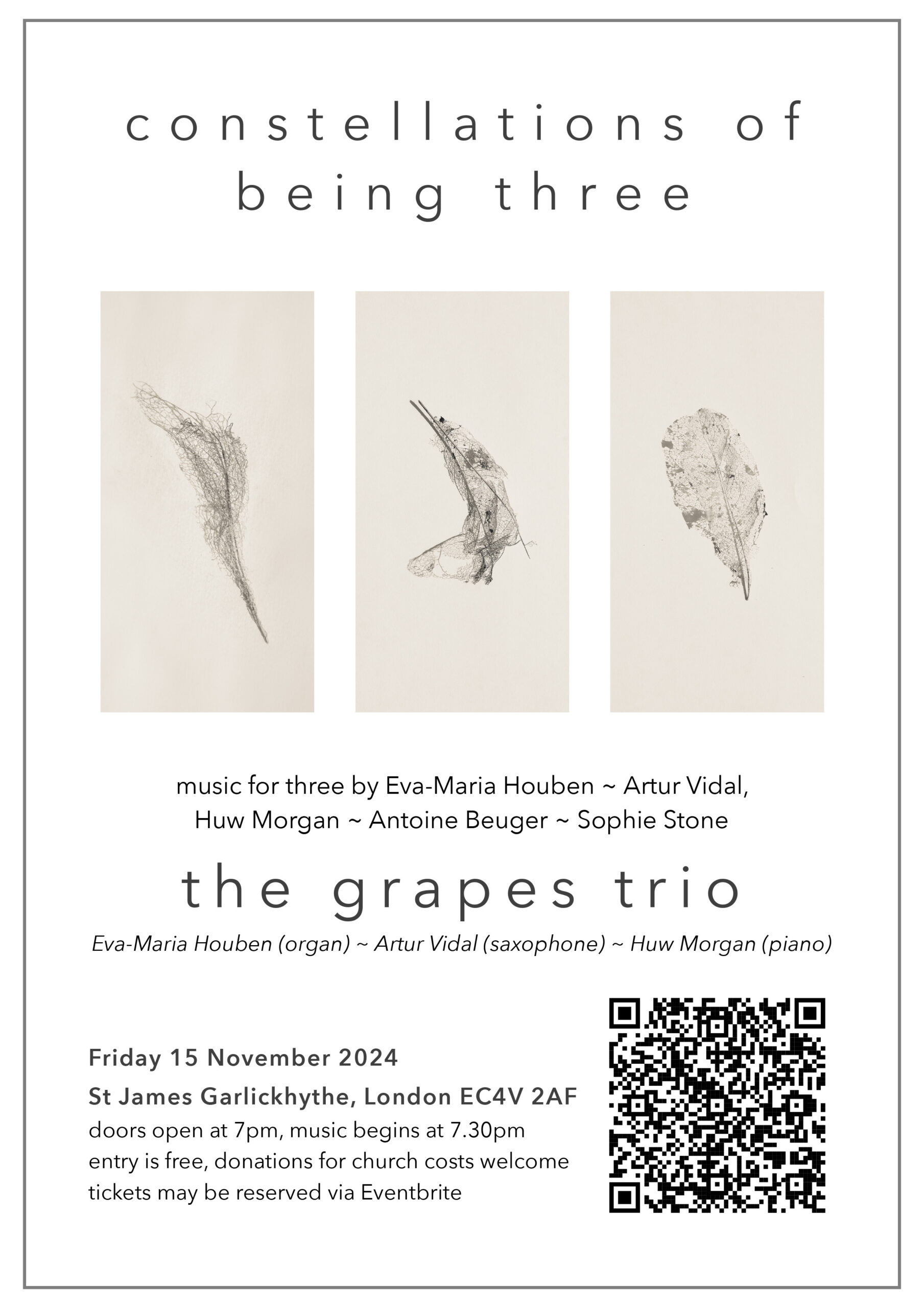 Promotional poster of a concert including three images of tree leaves against beige background. Text reads Constellations of being three and QR code to book