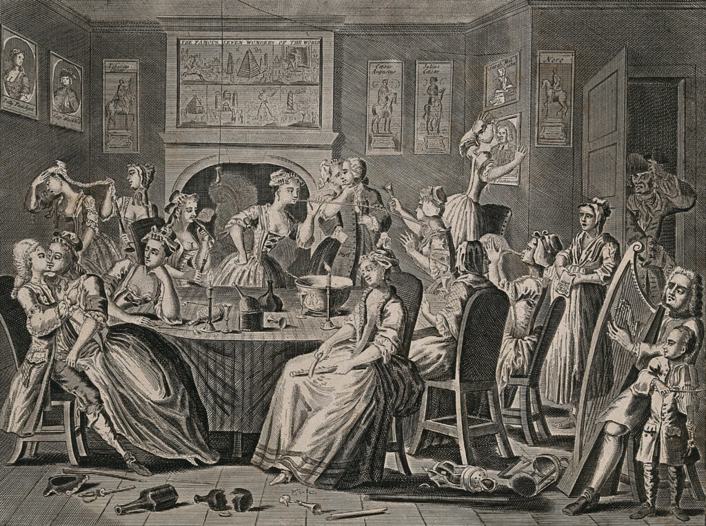 Engraving depicting a lively scene in an 18th-century salon, with numerous individuals engaged in various activities such as reading, conversing, and playing music, surrounded by ornate furnishings and artwork.