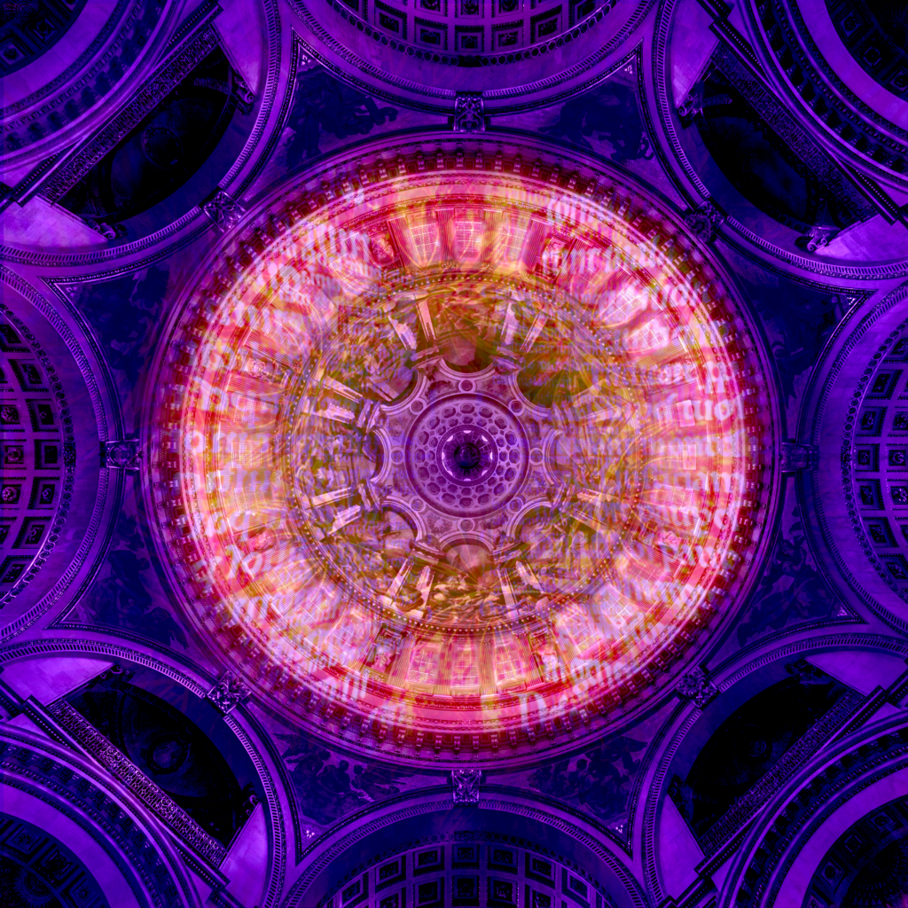 A vibrant and intricate digital artwork projected onto the dome ceiling of St Paul's Cathedral, featuring elaborate geometric patterns and a rich colour palette of purple, orange, and yellow.